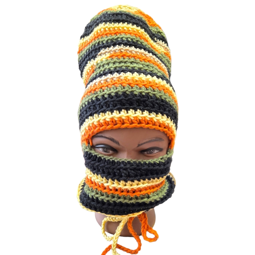 Xtra Long Slouchy Balaclava w/Neck Tie Crochet, Knit-look 90s Beanie, Handmade
